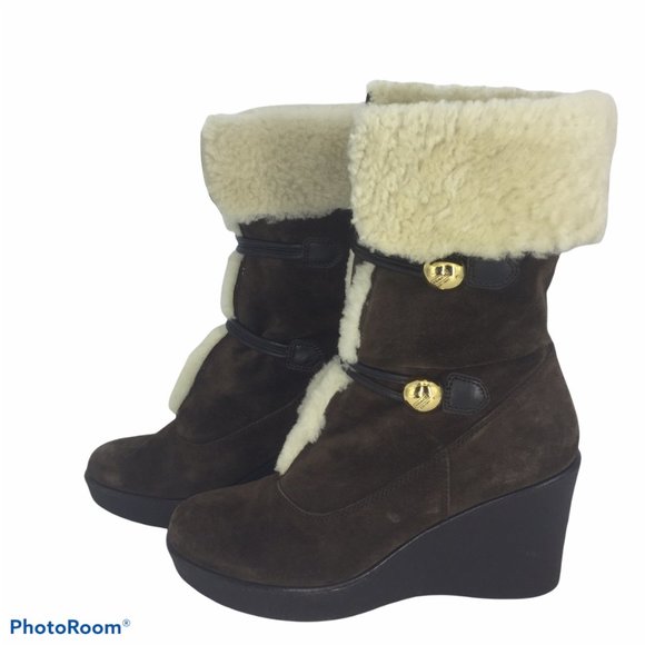 COACH 9M Wedge Mid Calf Booties Brown Suede Leather Fleece Winter - Picture 2 of 13